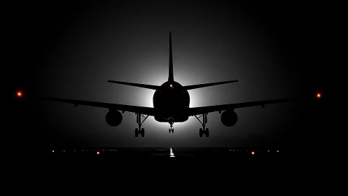 Commercial jet silhouette landing on runway at night.