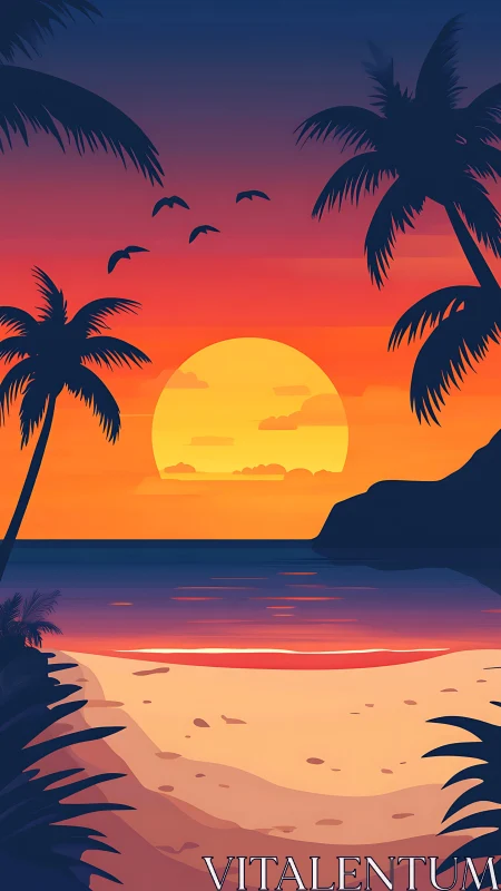 Stylized tropical sunset seascape employs bold vector gradients