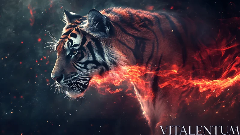 Tiger profile ignites with molten fire ribbon trail.
