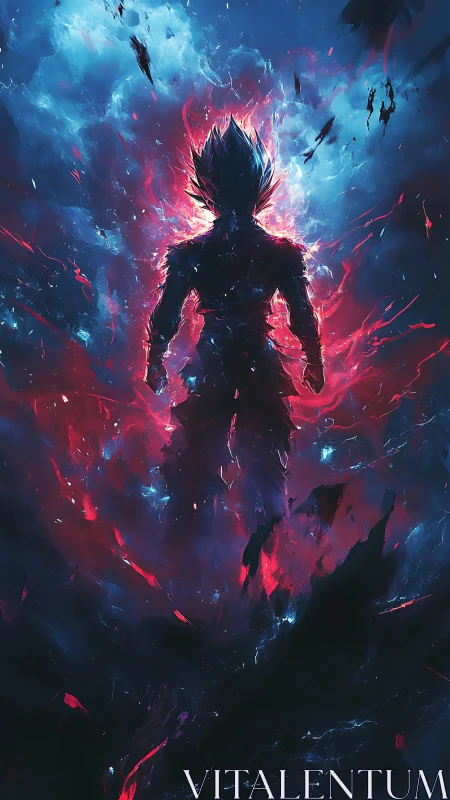 Cosmic warrior ignites in crimson stormlight ascension.
