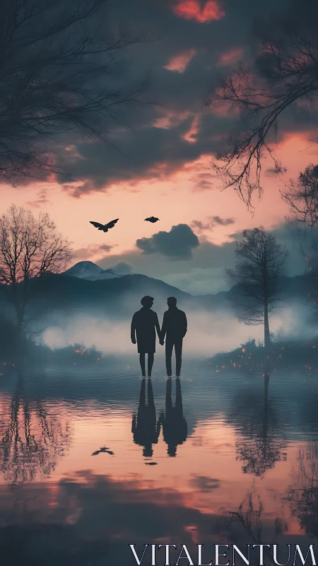 Silhouetted lovers trade secrets with the dusk-tinted lake