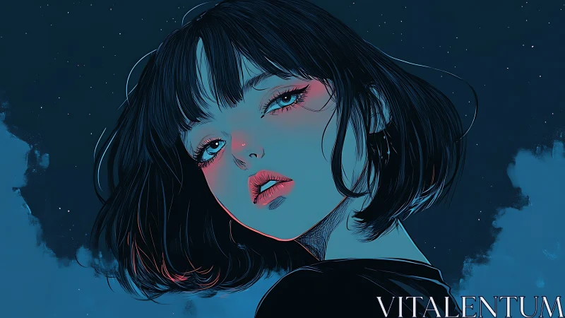 Stargazing girl in neon midnight, lips bright with secrets.