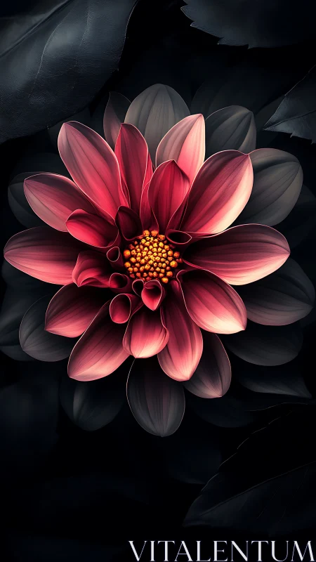 Pink Dahlia with Golden Center Against Dark Foliage.