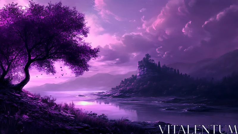 Violet twilight river valley under luminous storm clouds.