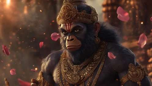 Regal monkey warrior stands calmly among drifting petals