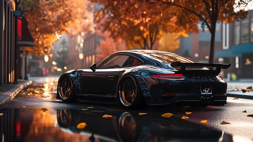 Widebody black sports coupe on wet urban street in autumn