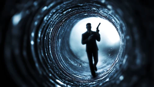Mysterious secret agent stepping into a tunnel of suspense.