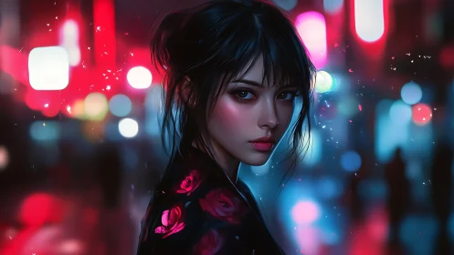 Woman in floral jacket in neon lit urban night street scene.