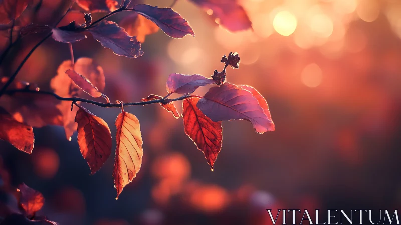 Glowing autumn leaves rest gently in the soft evening light