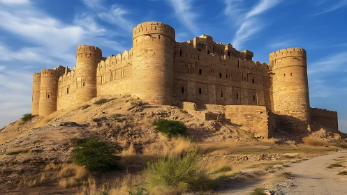 Massive desert fortress with cylindrical corner towers.