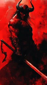 Horned humanoid swordsman stands in high contrast red field
