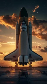 Space shuttle on launch pad at sunset with clouds behind.