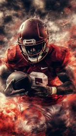 Football running back drives through swirling fiery smoke
