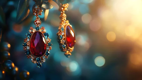 Regal ruby drop earrings in golden bokeh jewel lighting.