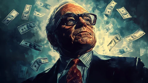 Elderly magnate amid swirling dollar bills in teal stormscape.