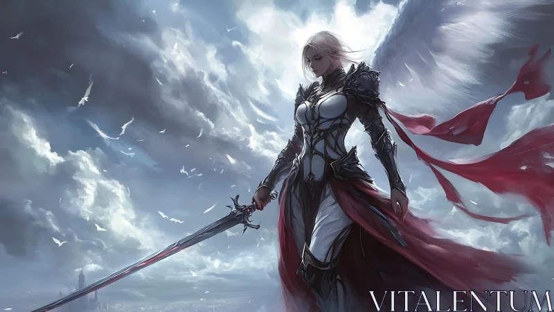 Winged armored figure holds extended sword against cloudy sky