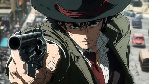 Gunman aims revolver down busy city street in anime style