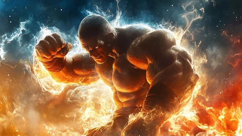 Blazing elemental warrior charging through fire and light.