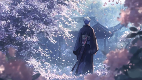 Lone swordsman drifts through twilight garden of blossoms.