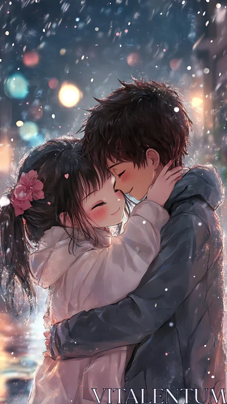 Snowlit city cuddle where shy hearts quietly collide.
