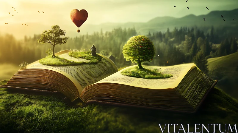 Surreal storybook landscape with floating heart balloon imagery.