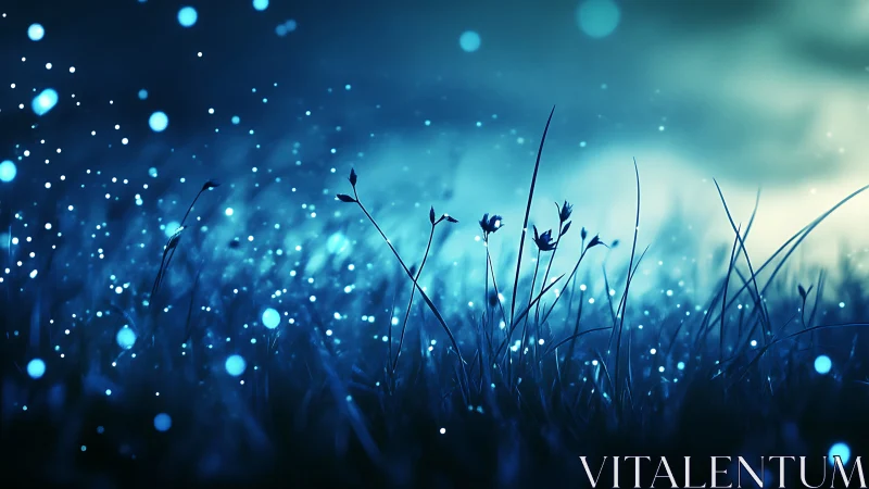 Blue nocturnal meadow glows with drifting luminous orbs