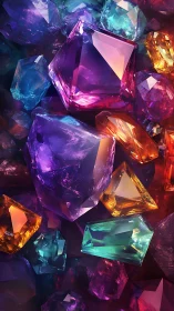 Multicolored faceted crystals in dense clustered arrangement.