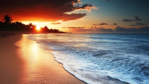 Golden tropical beach sunset reflects on wet shoreline