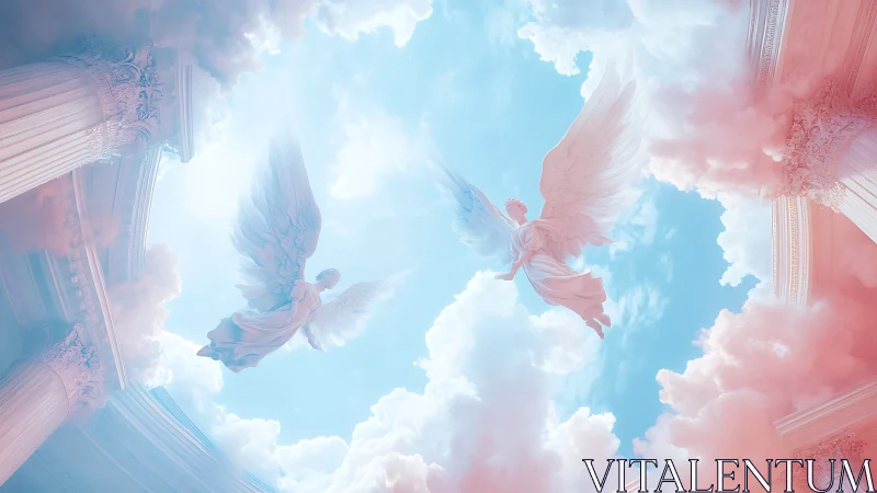 Celestial angels soaring above neoclassical marble columns.