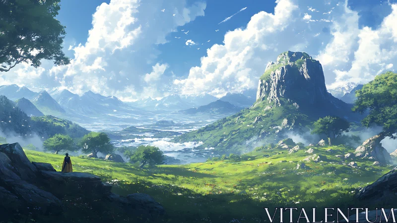 Gentle hero gazes across bright, dreamlike valley horizon.