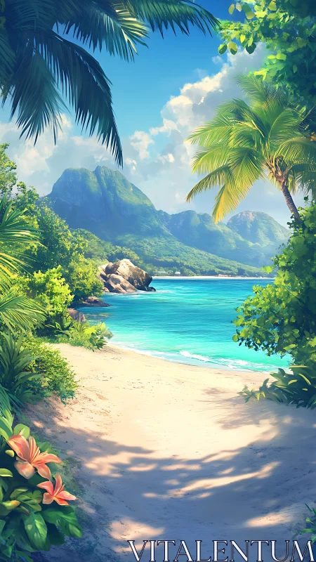 Tropical Paradise Cove with Mountain Vista and Crystalline Waters.