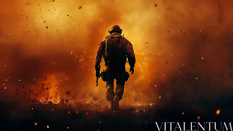 Lone soldier strides through firelit chaos of the battlefield.