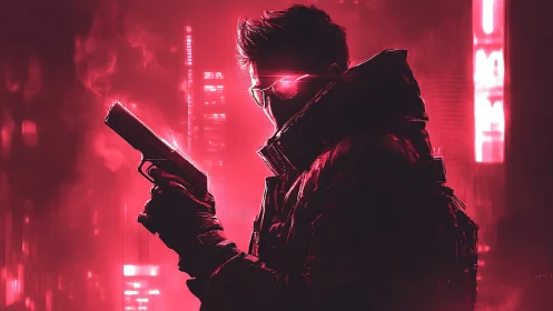 Cyberpunk gunman in neon red cityscape at night.