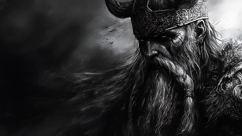 Storm‑scarred Viking warlord in monochrome digital chiaroscuro.
