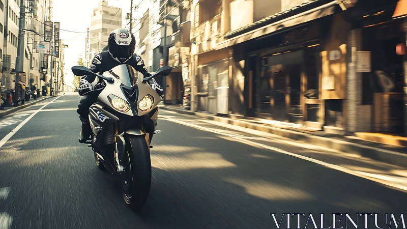 Sport motorcycle cuts through sunlit urban street at speed