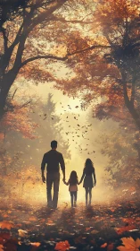 Family's Autumn Journey Through Golden Light.