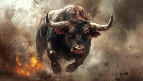 Raging bull charge through fire and smoke explosion scene.