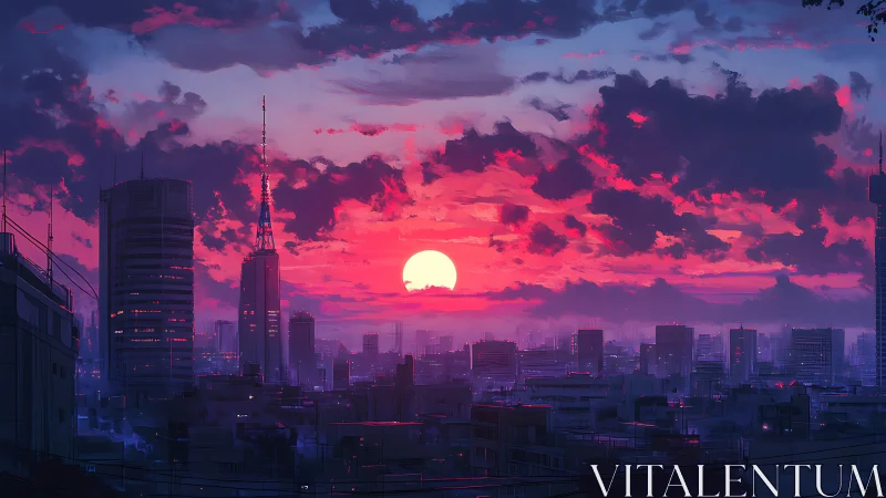 Neon dusk engulfing futuristic city skyline at sunset.