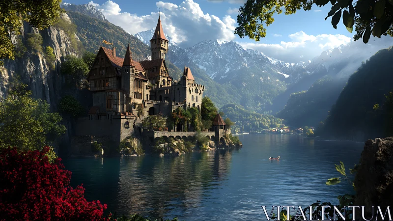 Stone castle on alpine lake with distant snowy peaks.