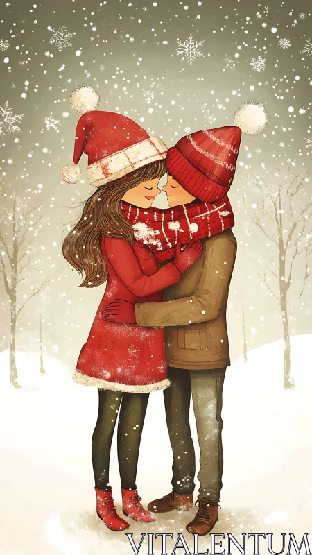 Winter Romance: Snowy Embrace Between Two Figures.