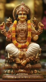 Polychrome Hindu deity sculpture with ornate garlanded throne.