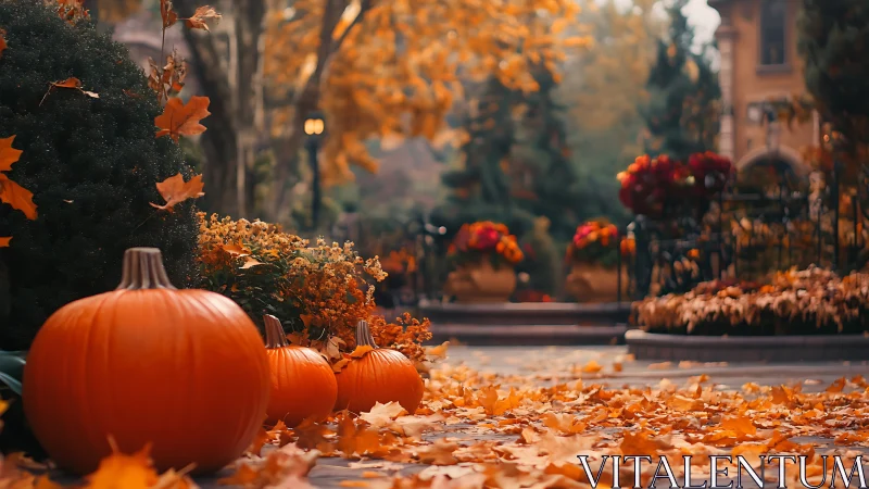 Pumpkins rest on a leaf covered path in a landscaped garden
