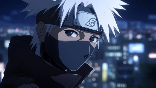 Masked silver-haired ninja studies neon city skyline at night.