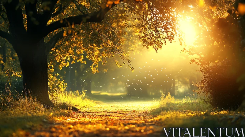 Golden forest pathway glowing in gentle morning sunlight.