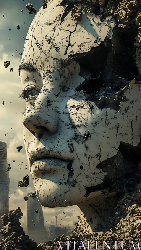Colossal fractured face sculpture disintegrates above dystopian city