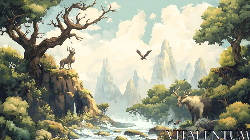 Majestic horned beasts survey serene river valley landscape