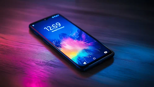 Smartphone with vibrant gradient display on colored ambient lighting surface