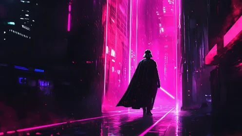 Dark armored figure in neon corridor with glowing weapon.