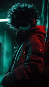 Masked urban vigilante in teal-red rim lighting, cinematic portrait