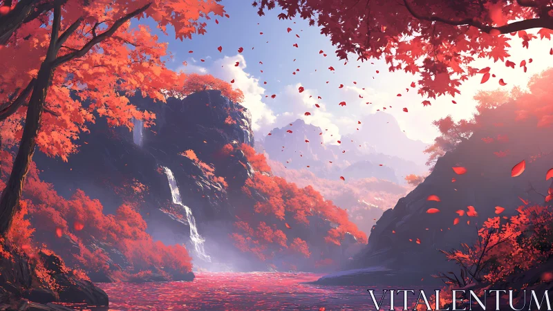 Crimson waterfall valley glowing with gentle autumn light.